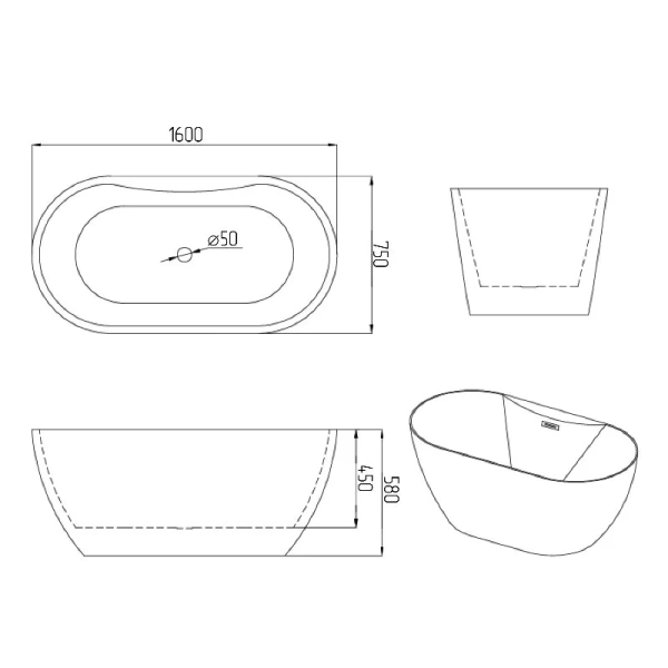 Ванна акриловая Grossman Classic GR-12501-1, со смесителем, 160 x 75 см, белая (детальная фотография), акриловые