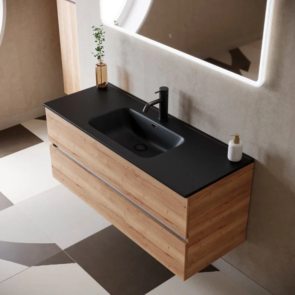 Тумба с раковиной подвесная Sancos Urban 121 см c двумя ящиками (детальная фотография), светло-коричневая