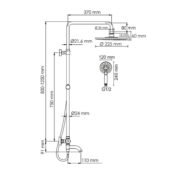 Душевая стойка WasserKRAFT Mindel с термостатическим смесителем A188.067.058.WM Thermo (детальная фотография), современные, hi-tech