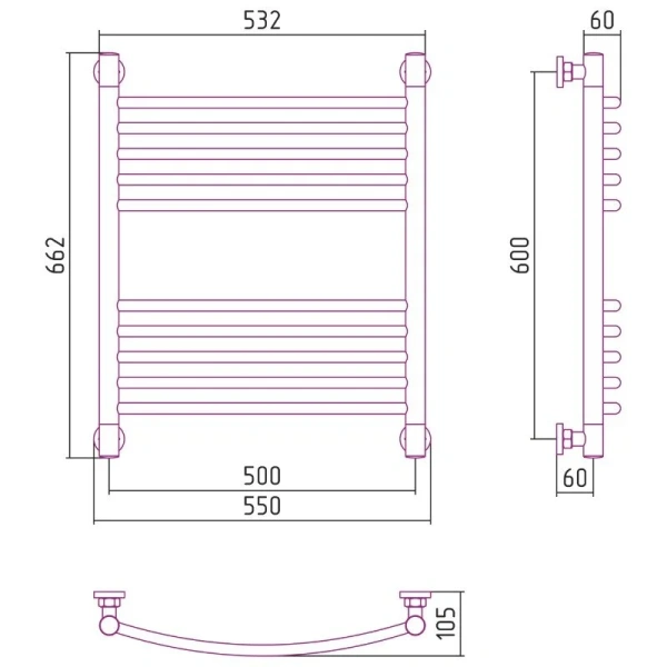 Полотенцесушитель водяной Сунержа Богема+ 50x60 см шампань 020-0221-6050 (детальная фотография), современные, hi-tech