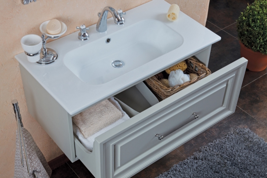 Тумба под раковину, цвет серый шелк матовый, фурнитура состареное серебро, La Beaute Cornelia BCO85GRO.CR (детальная фотография), по запросу index_1