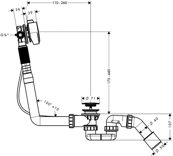 Слив-перелив Hansgrohe Exafill S с возможностью наполнения ванны 58113000 (детальная фотография), полуавтомат