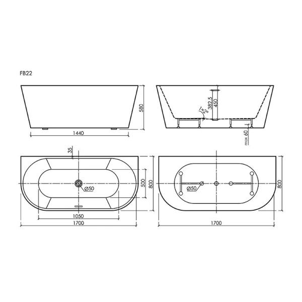 Aкриловая ванна Sancos Labo FB22, 170 х 80 см, пристенная, белый (детальная фотография), акриловые