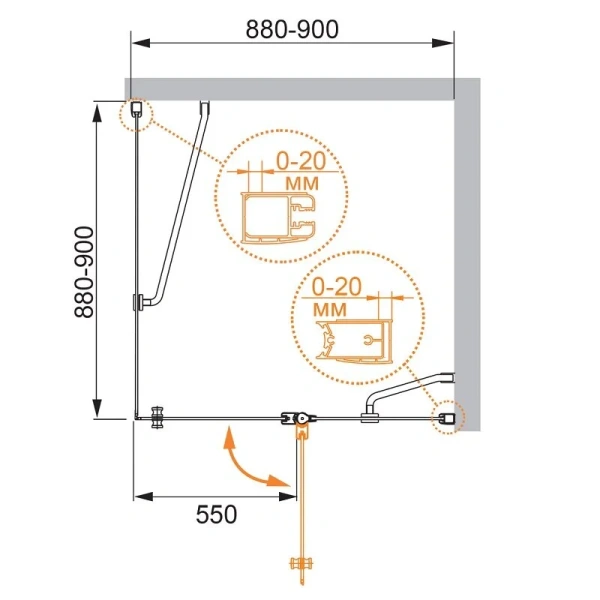 Душевой уголок Cezares Elena 90x90 см стекло прозрачное ELENA-W-A-12-90-C-Cr (детальная фотография), квадратные