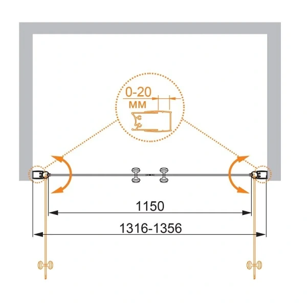 Душевая дверь в нишу Cezares Elena 135 см стекло рифленое ELENA-W-B-2-140-P-Cr (детальная фотография), современные, hi-tech