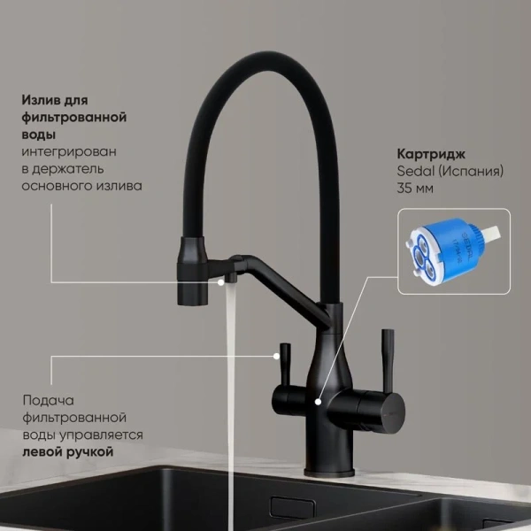 Смеситель для кухни Sancos Orta черный матовый SC4008MB (детальная фотография), в наличии