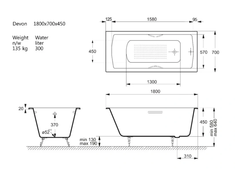 Чугунная ванна Vinsent Veron Devon VDV1807045H/E60327CH-AS, 180 x 70 см, с антискользящим покрытием, ручки хром, цвет белый (детальная фотография), чугунные