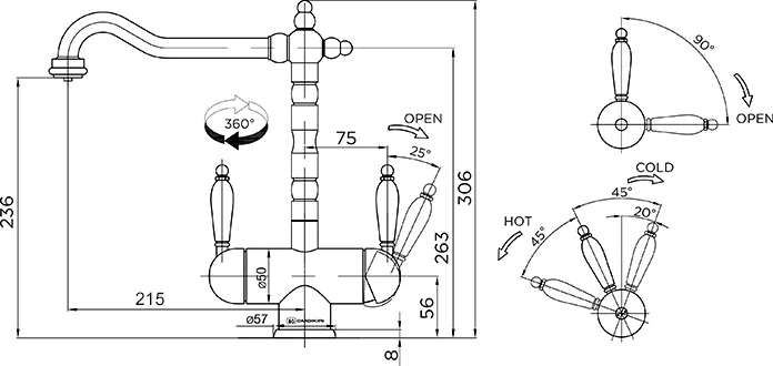 Смеситель для кухни Omoikiri Amagasaki-DC темный шоколад 4994070 (детальная фотография), классические, ретро, с элементами керамики, декорированные