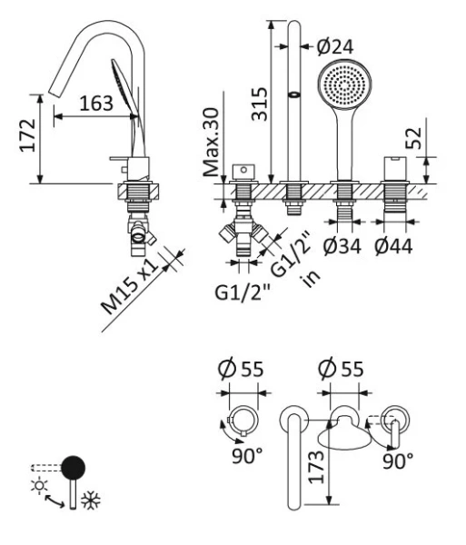 Смеситель для ванны Cezares Leaf хром LEAF-BVDM4-L-01 (детальная фотография), для ванны