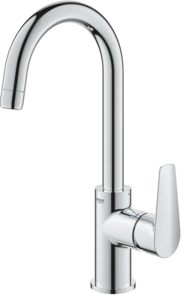 Смеситель для раковины Grohe BauEdge хром 23760001 (детальная фотография), высокие, из латуни, округлая форма, с донным клапаном