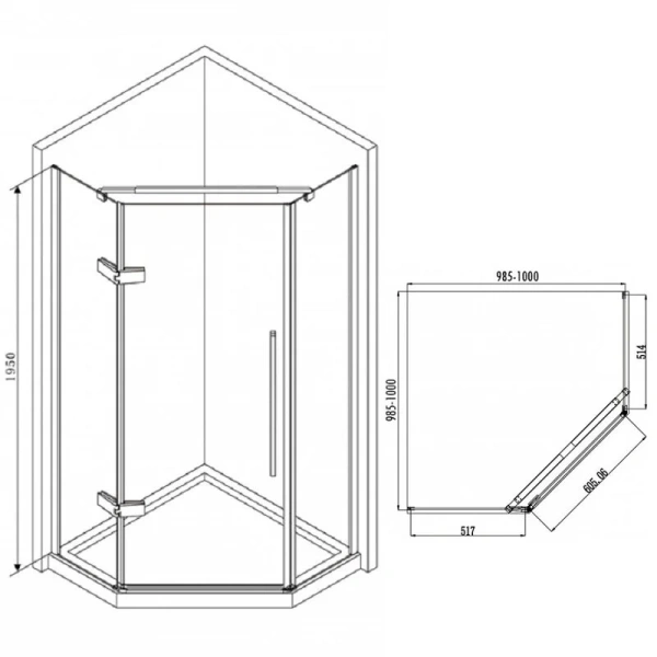 Душевой уголок Abber Ewiges Wasser 100х100 см профиль черный AG05100B (детальная фотография), многоугольные