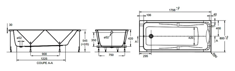 Акриловая ванна Jacob Delafon Odeon Up E6048 RU-00 180х80 см (детальная фотография), акриловые