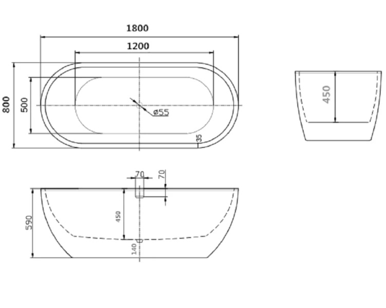 Ванна акриловая Art&Max 180 x 80 см, слив-перелив, донный клапан и сифон в комплекте, белый, AM-218-1800-800 (детальная фотография), акриловые