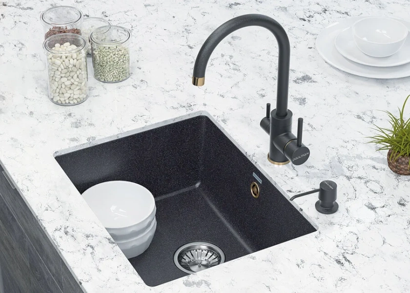 Мойка для кухни Paulmark Gera 55 см черный металлик PM205546-BLM (детальная фотография), прямоугольной формы