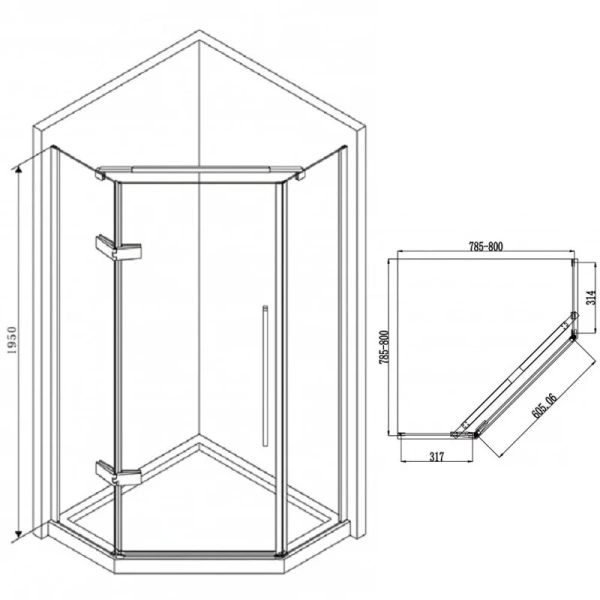Душевой уголок Abber Ewiges Wasser AG05080 80х80 см пятиугольный (детальная фотография), многоугольные