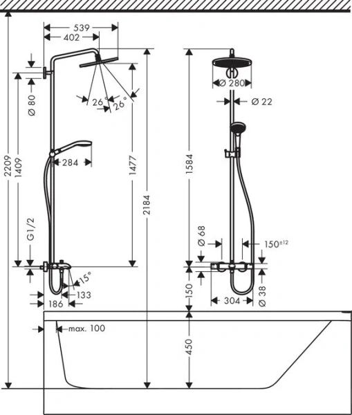 Душевая стойка Hansgrohe Croma Select S с термостатом 26792000 (детальная фотография), хром