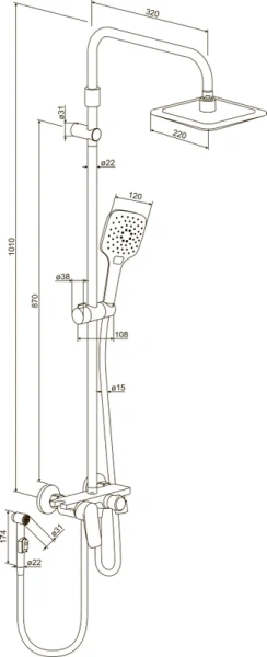 Душевая стойка Damixa Apollo с гигиеническим душем, квадратная DX220920000 (детальная фотография), рычажные