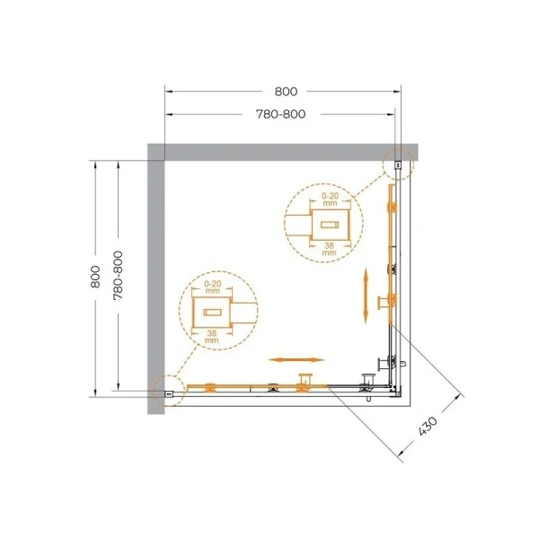 Душевой уголок Cezares Relax 80x80 см профиль брашированное золото стекло прозрачное RELAX-304-A-2-80-C-BORO (детальная фотография), квадратные