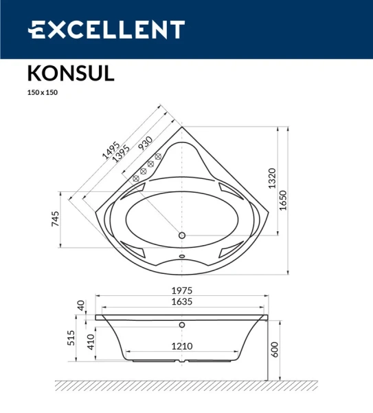 Ванна акриловая Excellent Konsul WAEX.KON15WH 150 х 150 см (детальная фотография), полукруглые