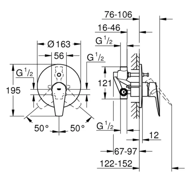 Смеситель для душа Grohe BauEdge с внутренней частью 29079001 (детальная фотография), для душа