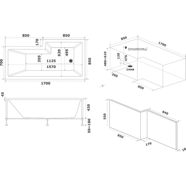 Ванна акриловая Bas Эсте 170 х 85 см, L/R, белая, В 00123/В 00124 (детальная фотография), акриловые