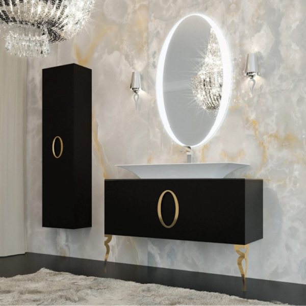 Тумба со стеклянной столешницей без раковины, с 2 ножками, чёрная 100см. Фурнитура ЗОЛОТО La Beaute Savoie B100S2OR (детальная фотография), по запросу