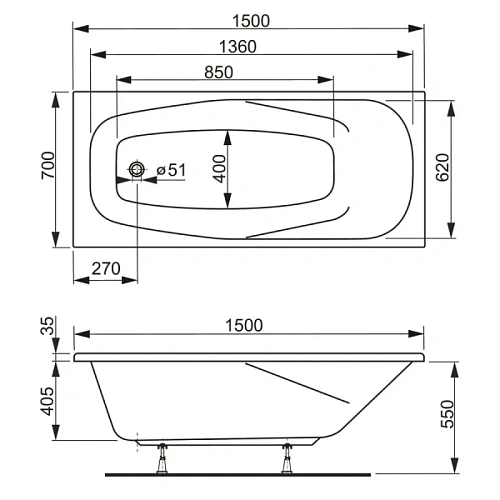 Ванна акриловая Vagnerplast Aronia 150×70 см прямоугольная - фото 1