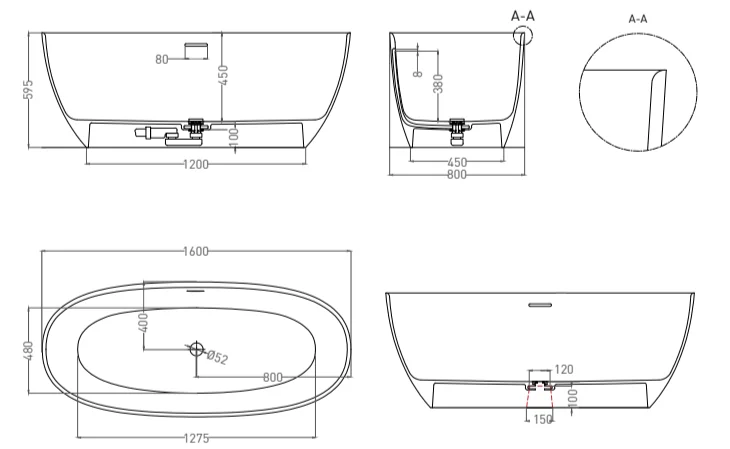 Ванна из искусственного камня Salini Alda Nuova 160x80 см белая глянцевая 101913G (детальная фотография), литьевой мрамор