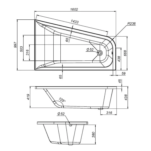 Ванна акриловая Am.Pm Spirit 160х100 см правосторонняя W72A-160R100W-A2 (детальная фотография), угловые, приставные