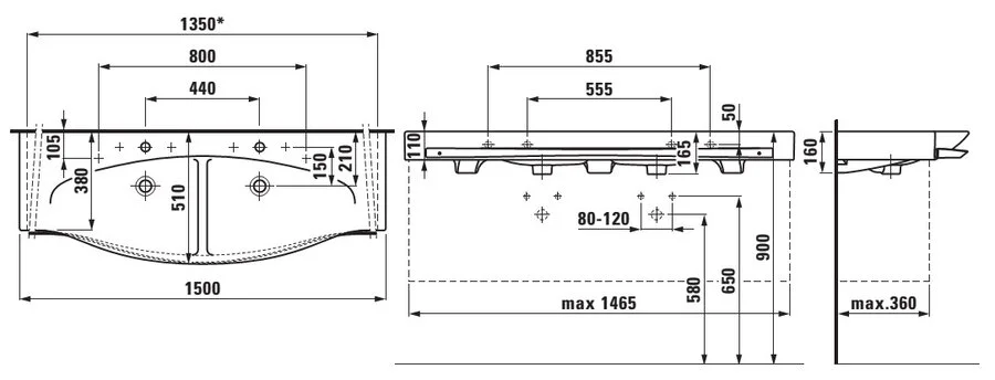 Раковина подвесная Laufen Palace 150 см двойная с полотенцедержателем 8.1470.6.000.104.1 (детальная фотография), современные, hi-tech