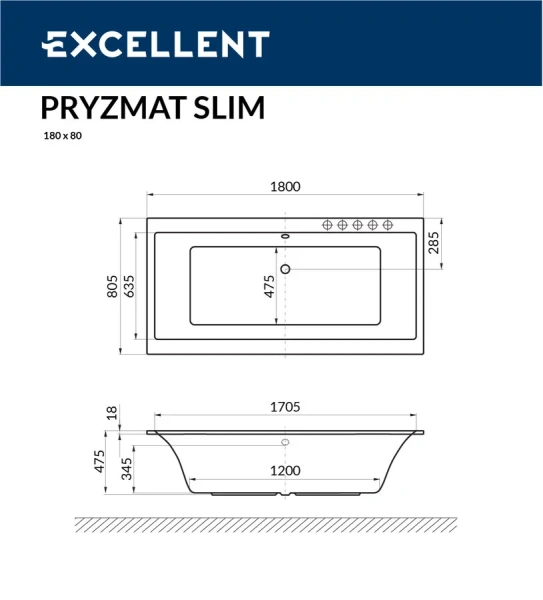 Ванна акриловая Excellent Pryzmat Slim 180 х 80 см WAEX.PRY18WHS (детальная фотография), приставные, встраиваемые