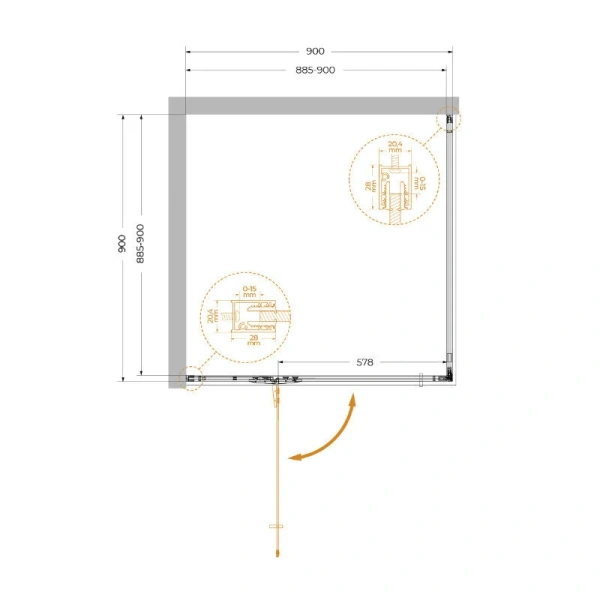 Душевой уголок Cezares Liner 90x90 см профиль хром правый LINER-A-1-90-C-Cr-R (детальная фотография), квадратные
