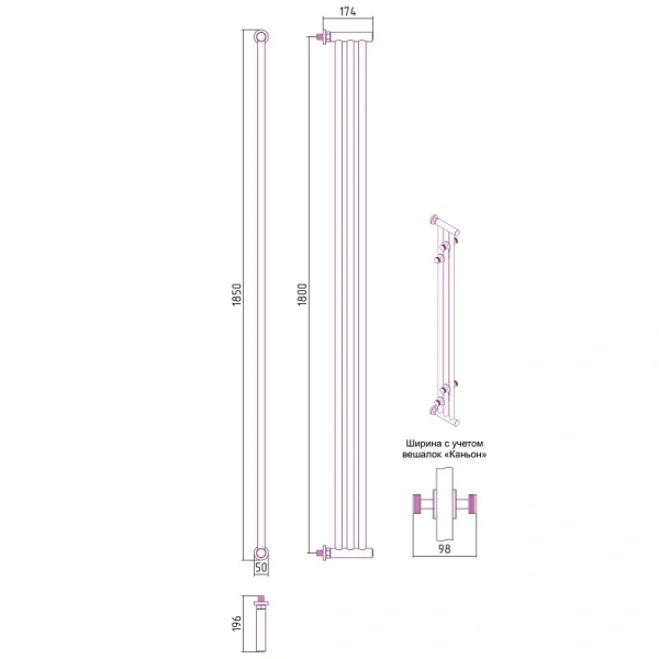 Полотенцесушитель водяной Сунержа Хорда 9.8х180 см без покрытия 00-4124-1800 (детальная фотография), современные, hi-tech