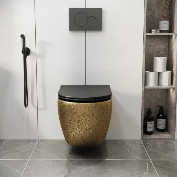 Унитаз подвесной Grossman Color золотой/черный GR-4411GBLS (детальная фотография), с горизонтальным, прямым выпуском, с прямым выпуском