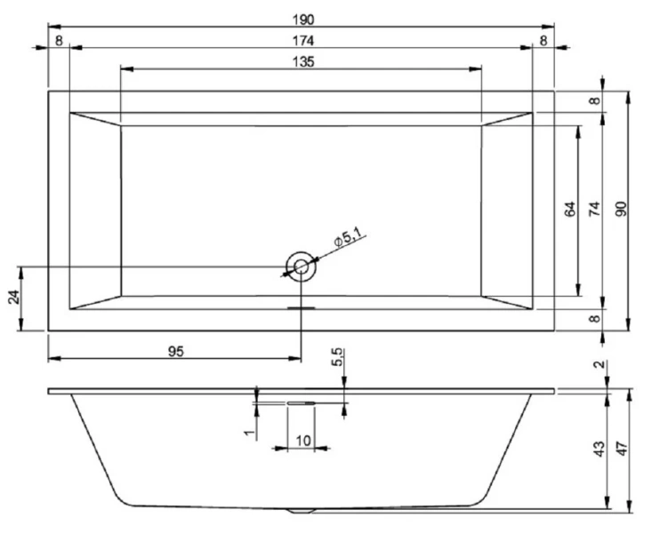 Акриловая ванна Riho Rething Cubic 190 x 90 см, белая матовая, B109001105 (детальная фотография), прямоугольные