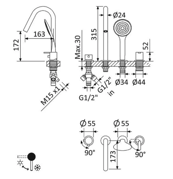 Смеситель для ванны Cezares Leaf черный матовый LEAF-BVDM4-L-NOP (детальная фотография), современные, hi-tech