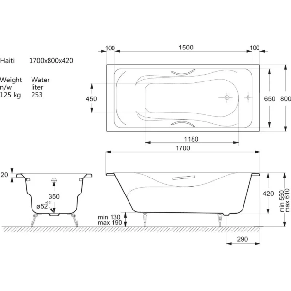 Чугунная ванна Vinsent Veron Haiti VHT1708042H, 170 x 80 см, с отверстиями под ручки, цвет белый (детальная фотография), чугунные