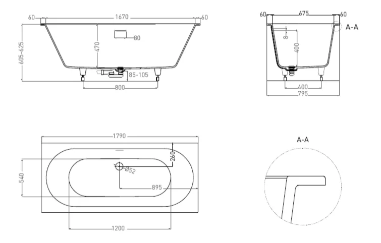 Ванна из искусственного камня Salini Ornella Axis Kit 180x80 см S-Stone (Solix) матовый 103521M (детальная фотография), искусственный камень