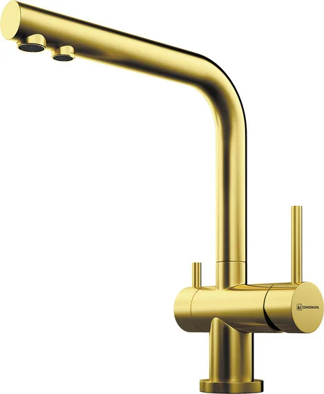 Смеситель для кухни Omoikiri Nagano-LG + Pure drop Lite светлое золото 4178.8028 (детальная фотография), высокие, из латуни, округлая форма, для питьевой воды с фильтром