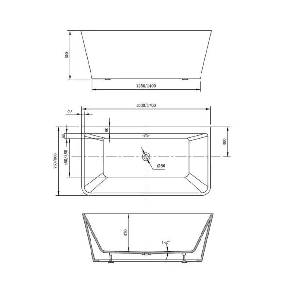 Ванна акриловая Vincea 170x80 см белая VBT-425-1700 (детальная фотография), 170x80 см
