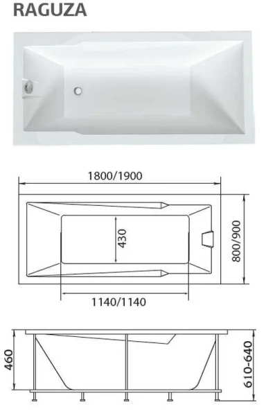 Ванна 1MarKa Raguza, прямоугольная, 180 х 80 см, цвет белый, 01ра1880 (детальная фотография), без гидромассажа