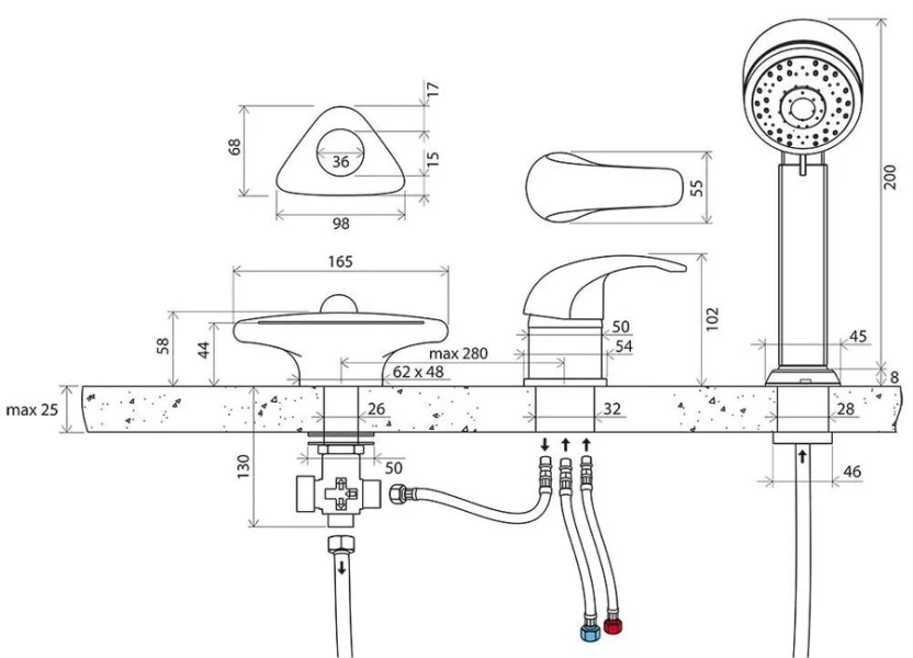 Смеситель для ванны Ravak Rosa на 3 отверстия X07P003 (детальная фотография), на борт ванны