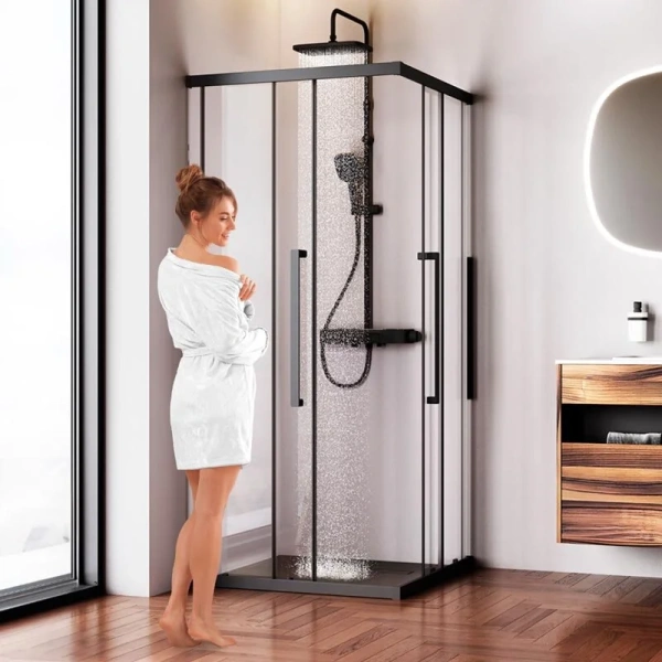 Душевой уголок Am.Pm Func 90x90 см профиль черный, стекло прозрачное W84G-403-9090-BТ (детальная фотография), современные, hi-tech