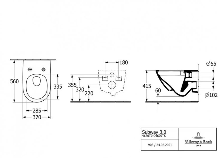Унитаз подвесной Villeroy & Boch Subway 3.0 с сиденьем микролифт 4670TS01 (детальная фотография), с горизонтальным, прямым выпуском, с прямым выпуском