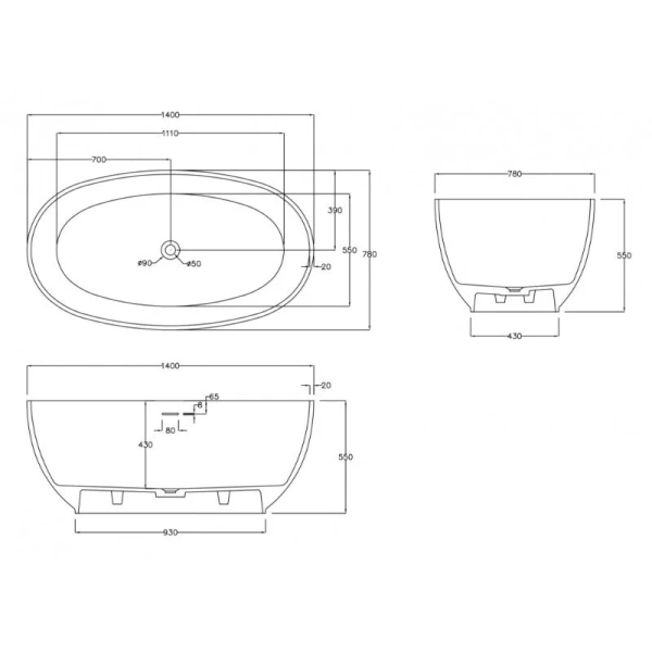 Ванна из искусственного камня Abber Stein 140х78 см белая матовая AS9641-1.4 (детальная фотография), искусственный камень