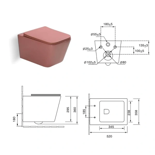 Унитаз подвесной SantiLine персиковый SL-5007P (детальная фотография), подвесные, встраиваемые