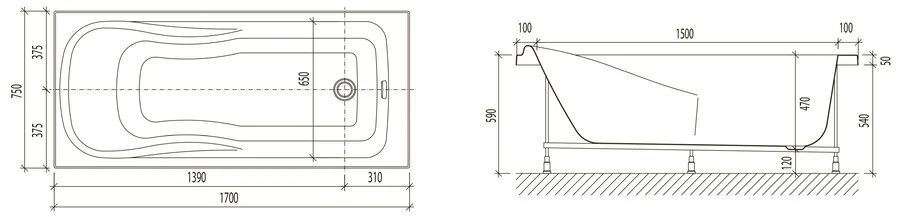 Акриловая ванна Eurolux Alla E1017075006, 170 х 75 см, белая (детальная фотография), прямоугольные