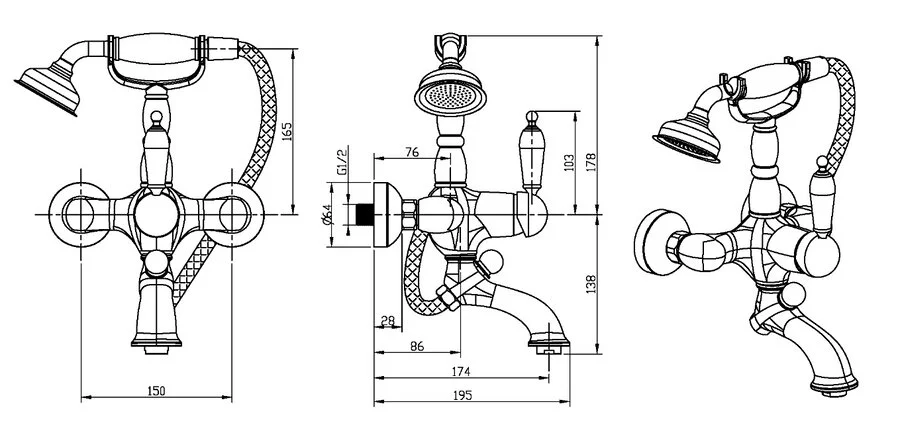 Смеситель для ванны Boheme Tradizionale Nero золото ручка Swarovski черная 253 (детальная фотография), для ванны
