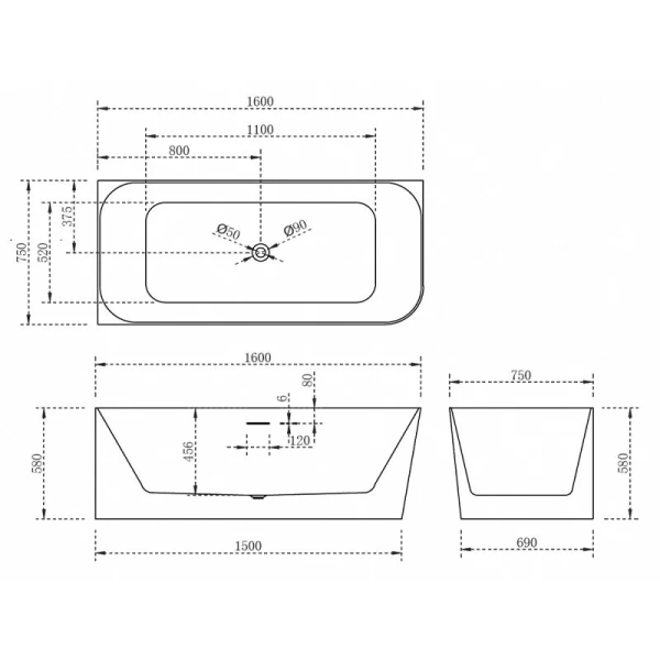 Акриловая ванна Abber 160х75 см левосторонняя AB9331-1.6 L (детальная фотография), 160 см