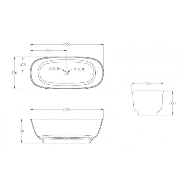 Ванна из полиэфирной смолы Abber Kristall AT9707 170x75 см овальная (детальная фотография), современныe, hi-tech